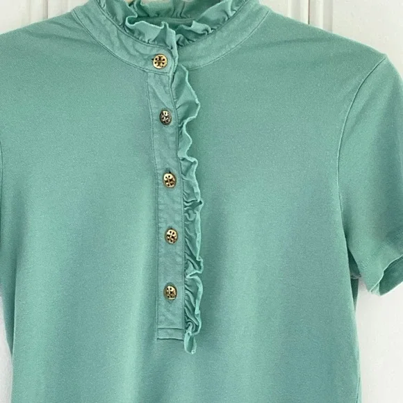Tory Burch Lidia Polo Shirt Womens M Sage Green Button Ruffle Pima Cotton Modal - Picture 2 of 8